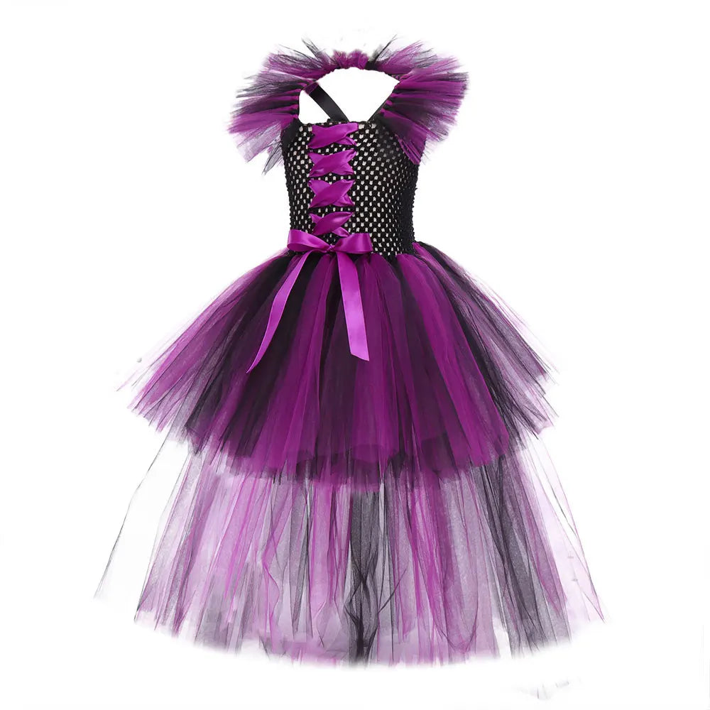 Halloween Girls Deluxe Purple Trailing Mesh Dress Kids Evil Queen Witch Cosplay Costume for Carnival Party Fancy Dress Up
