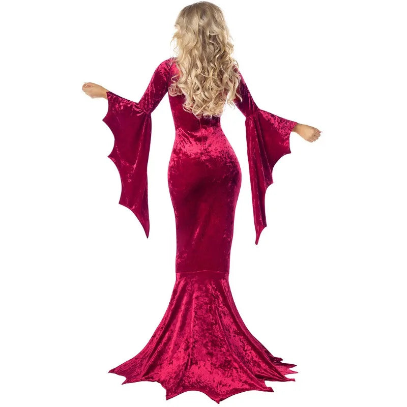 Witchy Costume Morticia Addams Long Train Dress Halloween Terror Dark Outfit Gothic Gown Robe Bat Sleeve Horror For Adult