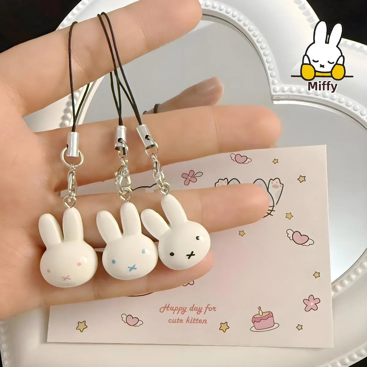 Kawaii Miffy Rabbit Keychain Cute Cartoon Soft and Adorable Girl Heart Cream Bell Cartoon Bag Decoration Best Friend Gift