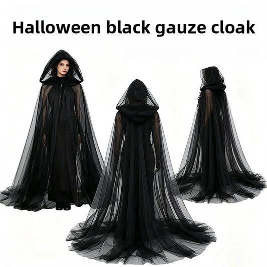 Women Halloween Black Sheer Tulle Cloak Long Hooded Mesh Cape Ghost Witch Vampire Cosplay Costume Carnival Party Fancy Dress