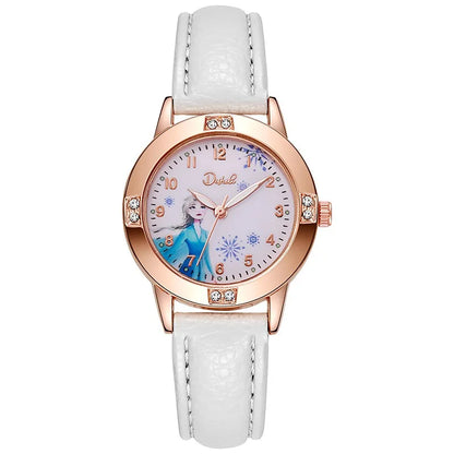 Cartoon Princess Girl Children's Fashion Watch Quartz Movement PU Leather Strap Female Student Watch Suitable for Children's Gif