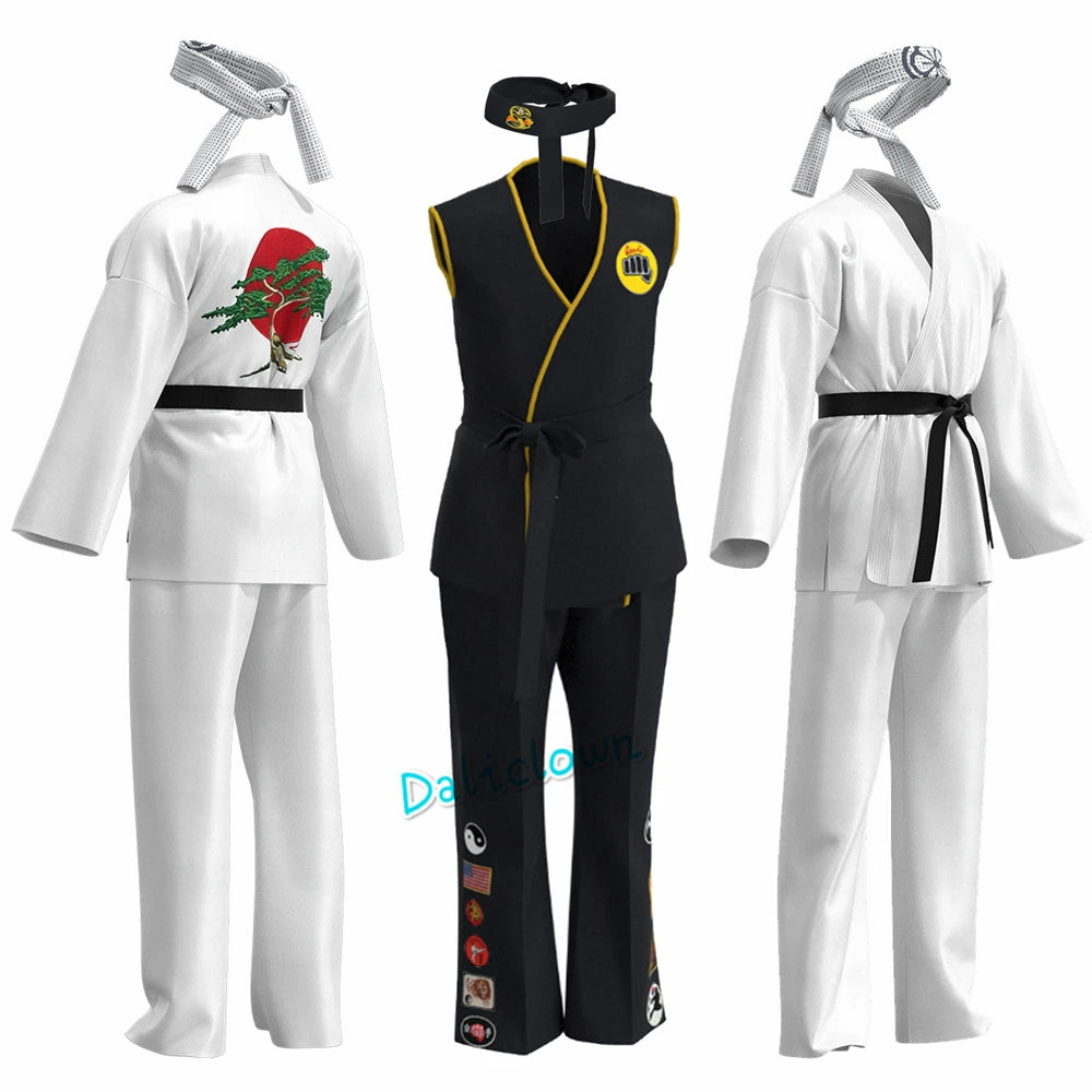 Karate Kids KOF Cobra Kai Cosplay Costume Kid Adult Black White Kimono Uniform Headband Anime Halloween Party Suit Tracksuit