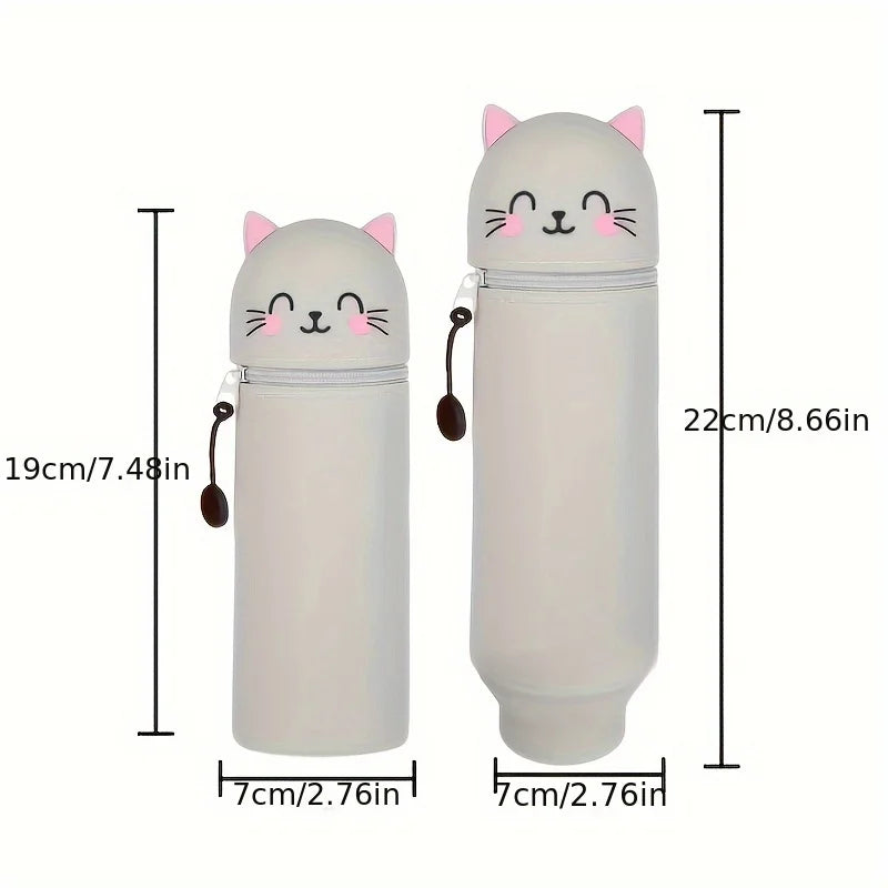 2-in-1 Expandable Silicone Pencil Case & Desk Organizer, Cute Cat Design for School Office Home, Soft Durable Stationery Storage