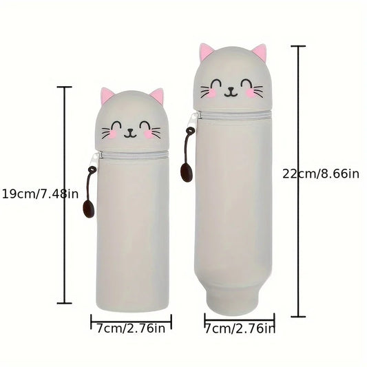 2-in-1 Expandable Silicone Pencil Case & Desk Organizer, Cute Cat Design for School Office Home, Soft Durable Stationery Storage