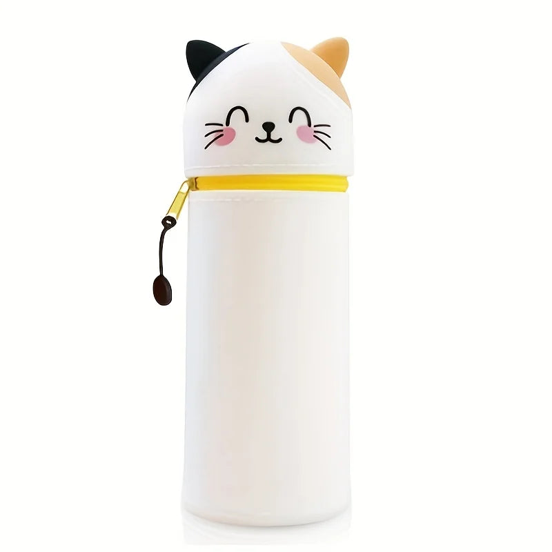 2-in-1 Expandable Silicone Pencil Case & Desk Organizer, Cute Cat Design for School Office Home, Soft Durable Stationery Storage