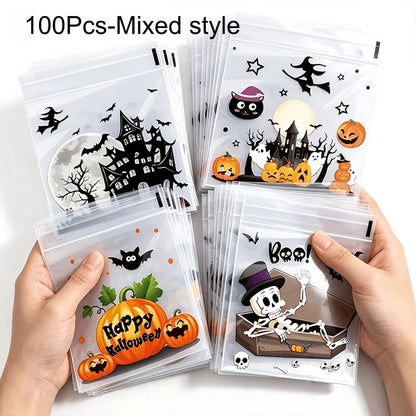100Pcs Small Halloween Treat Bags,Clear Self Adhesive Candy Bags, Plastic Cookie Bags for Trick or Treat, Halloween Goodie Bags