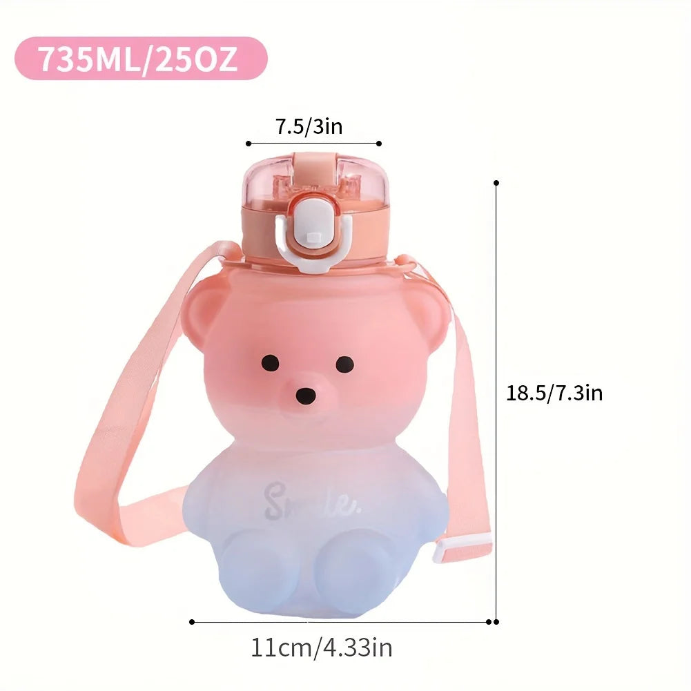 1pc Bear Gradient Cute Water Cup, Summer High-value Girl Plastic Cup, Portable Straw Cup, Large-capacity Water Bottle