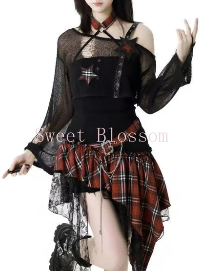 Gothic Hot Girl American Fashion 2 Piece Set Women Black Blouse + Chic Irregular Dress New Pure Desire Slim Vintage Suit Summer