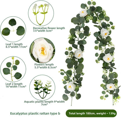 Lush 70.8" Faux Eucalyptus Garland With White Flowers - Perfect For Home & Holiday Decor, Wall Hanging, Yard, And Party Accents