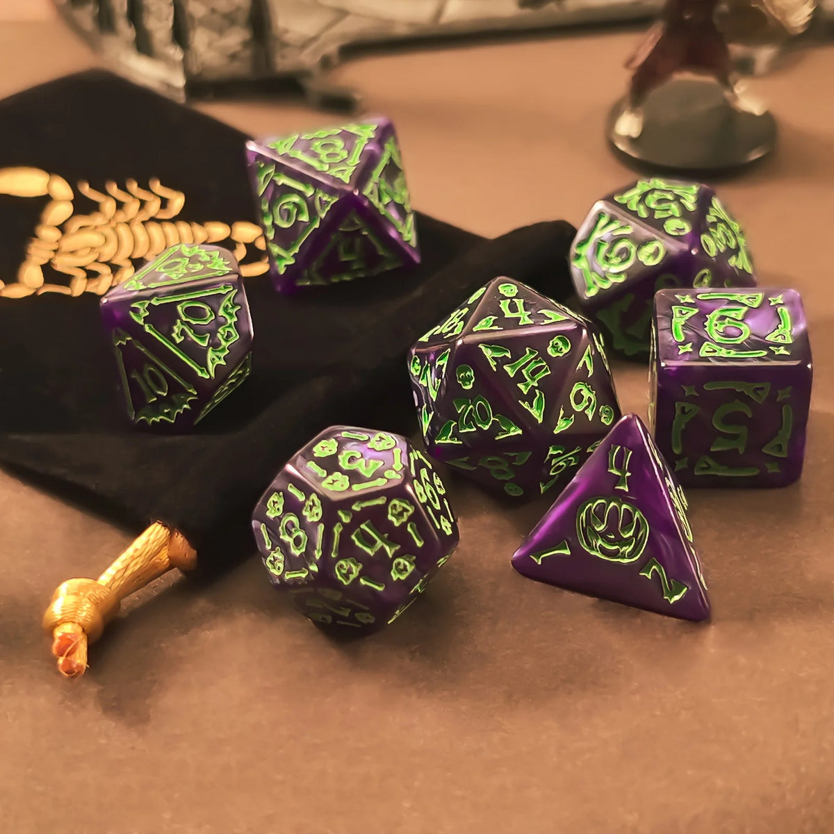 DND Dice Set -7pc Halloween Polyhedral Dice with Dice Bag for D&D RPG MTG Role Playing Table Party Games & DM & Dice Goblin