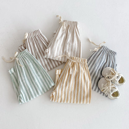 Vintage Linen Cotton Stripe Pants for Boys Casual Pocket Design Elastics Waist Pants for Toddler Girl Clothing Children Trousers