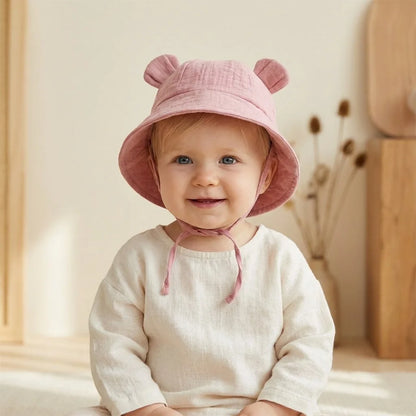 INS Summer Baby Solid Color Gauze Basin Hat New Rabbit Ear Fisherman Hat for Kids Sun Hat