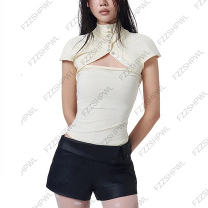 Fashion New Women Y2k Short-sleeved Shirt with Casual Striped Pattern Turn-down Collar Buttoned T-shirt Punk Gothic Streetwear