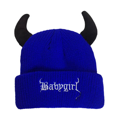 New Unisex Knitted Beanie With Devil Horns Halloween Distressed Skull Cap Hip Hop Winter Warm Yarn Hat For Men Women
