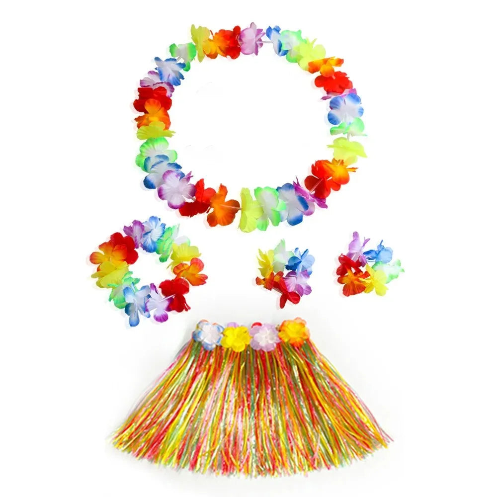 Hawaiian Dance Child Skirt with Leis Costume, Elastic Luau Grass, Hawaiian Flower Bracelets, Headband, Necklace, 40cm, 5pcs 6Pcs