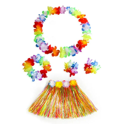 Hawaiian Dance Child Skirt with Leis Costume, Elastic Luau Grass, Hawaiian Flower Bracelets, Headband, Necklace, 40cm, 5pcs 6Pcs
