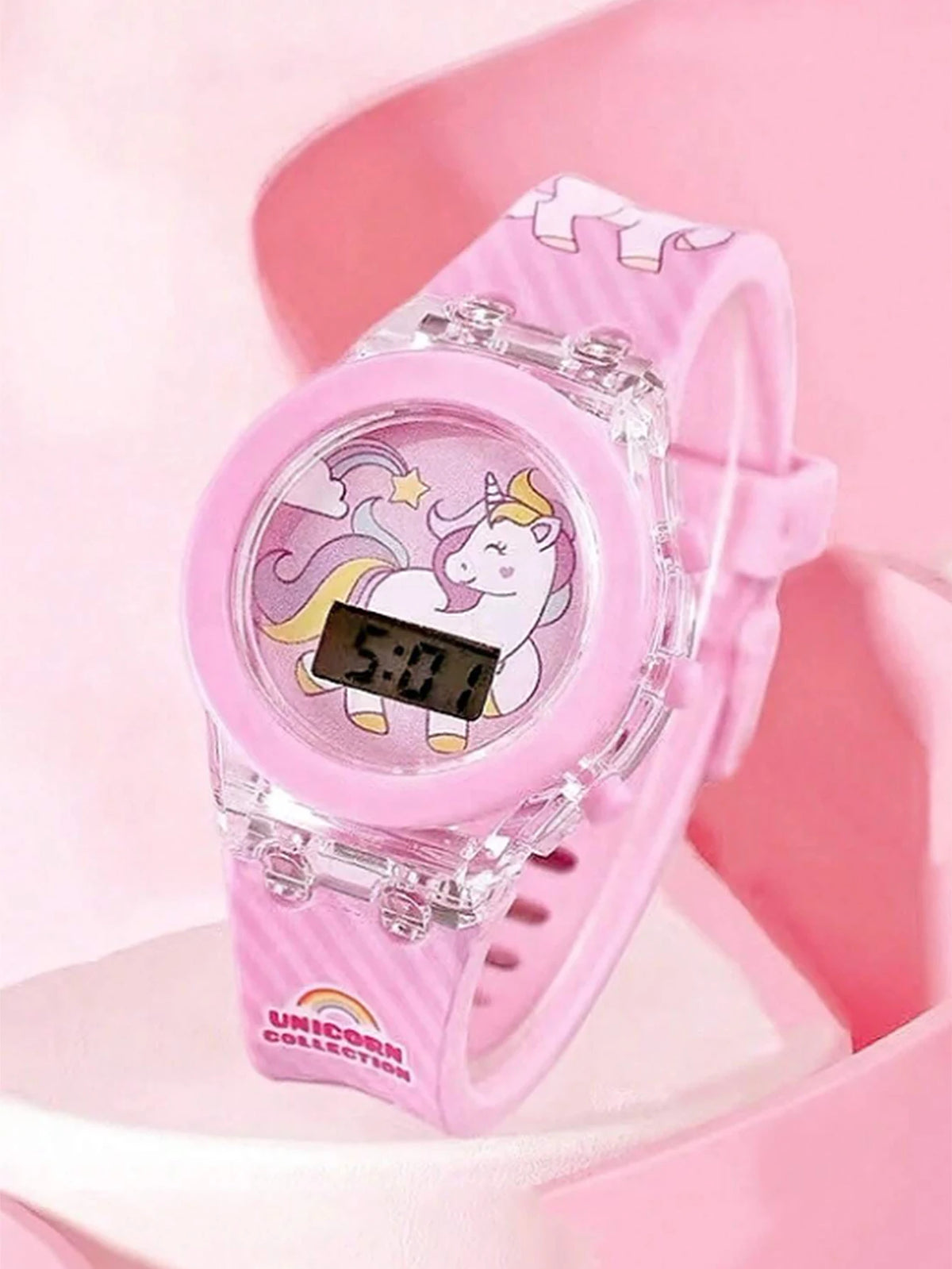 2PCS pink Unicorn silicone children's electronic watch and acrylic unicorn beaded bracelet set as a gift for children