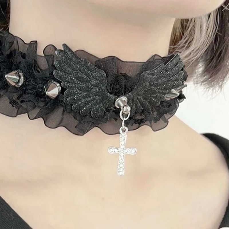 Y2K Women Sequins Wings Cross Spike Charms Adjustable Chain Necklaces Goth Vintage Accessories Halloween Cosplay Party Jewelry