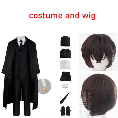 Men Black Suit Outfit Long Trench Coat Vest Shirt Tie Gloves Full Set Halloween Carnival Party Cosplay Costume for Adult Men