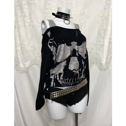 2000s American Vintage Gothic Black Women T-shirts Punk Style Graphic Grunge Tshirts Harajuku Y2k Long Sleeve Tops Streetwear