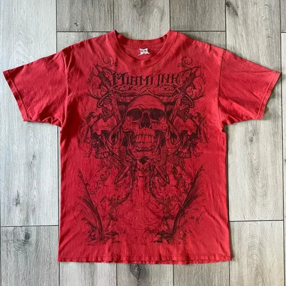 Retro Blue Gothic Pattern Printed Hip Hop Street Fashion Y2K Plus Size T shirt Round Neck Short Sleeve Women Couple Couple Top