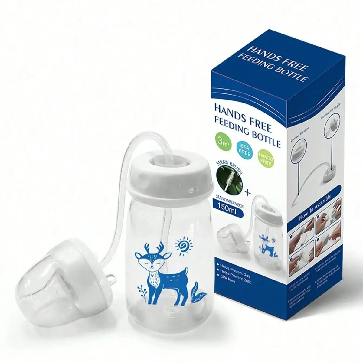 1pc 5oz/150ml Hands-Free PP Feeding Bottle with Straw Brush, Self-Feeding Normal-Neck Baby Bottle Set.