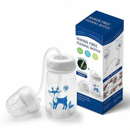 1pc 5oz/150ml Hands-Free PP Feeding Bottle with Straw Brush, Self-Feeding Normal-Neck Baby Bottle Set.