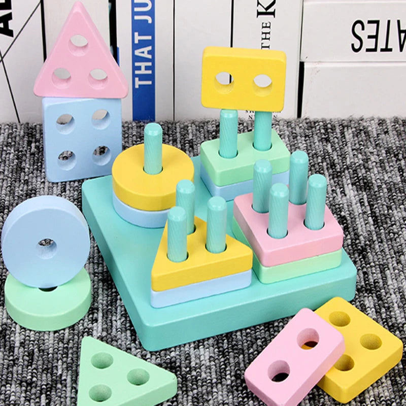 Montessori Toy Wooden Building Blocks Early Learning Educational Toys Color Shape Match Kids Puzzle Toys For Children Boys Girls
