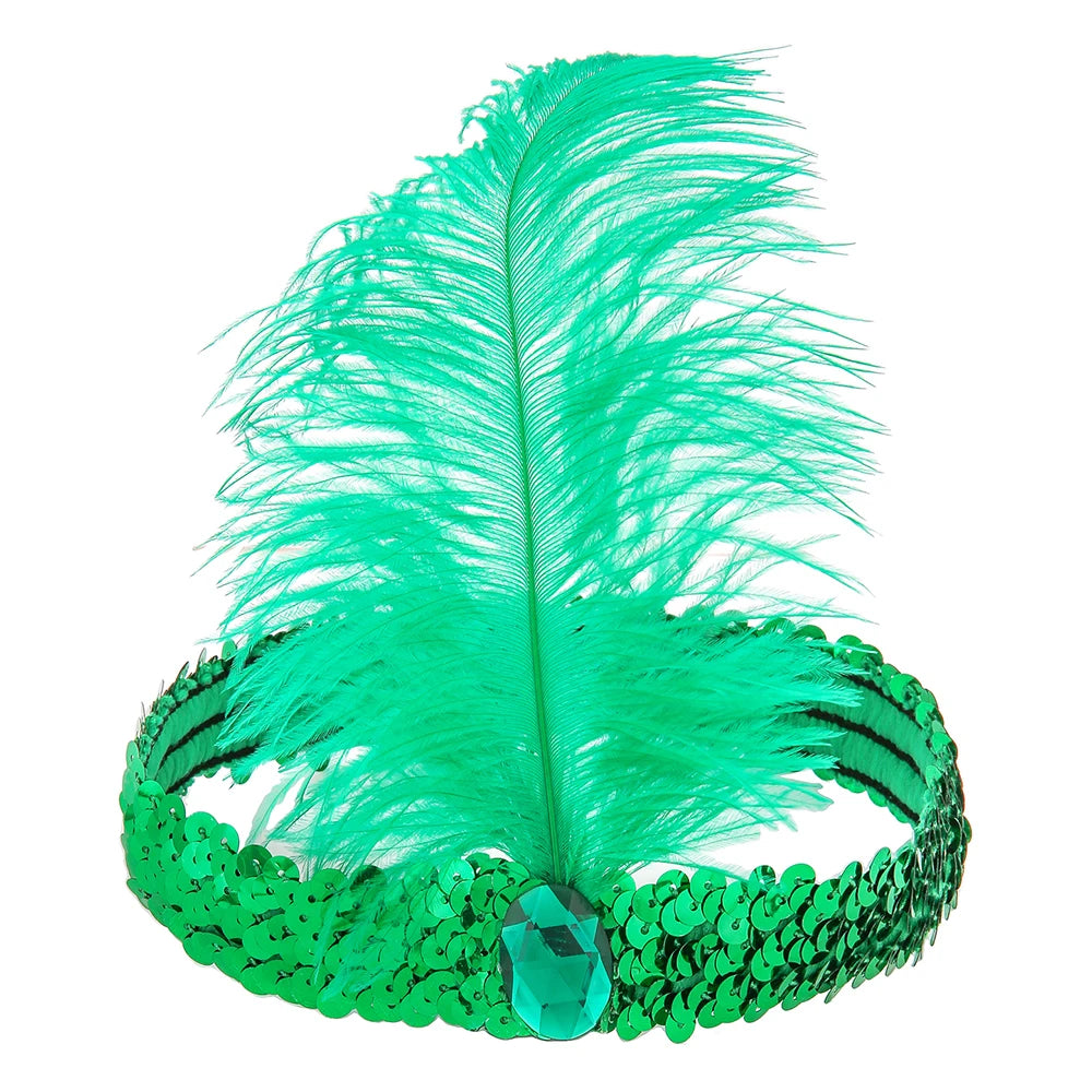 1920s Flapper Headband Feather Headpiece Sequin Headband with Gem for Gatsby Party Halloween Costume Accessory