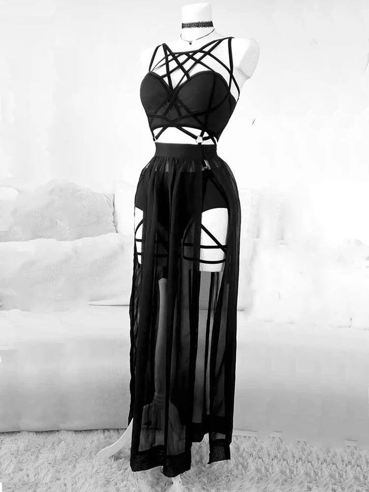 AltGoth Gothic Nightclub Sexy Skirt Set Women See Through Mesh Backless Crop Tops Emo Alt Punk High Waist Underpants Skirt 3pcs