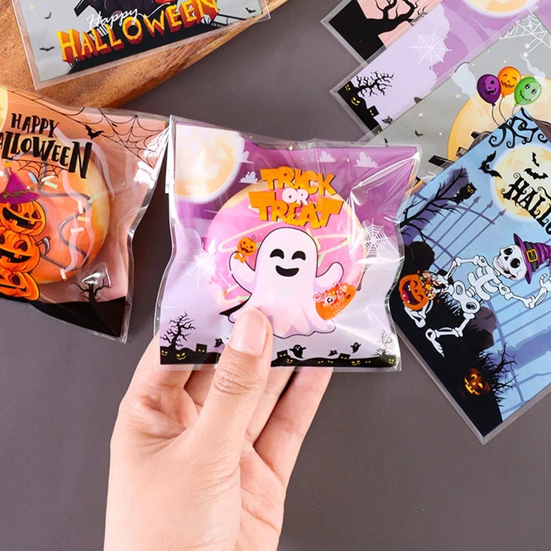 50/100Pcs Spooky Halloween Candy Bags Pumpkin Ghost Gift Cookie Self-Sealing Bags Halloween Party Decor Trick or Treat