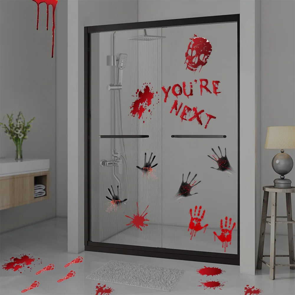 Halloween Wall Doors Windows Stickers Blood Handprint Footprint Skull Pattern Halloween Party Scene Decor Supplies Horror Props