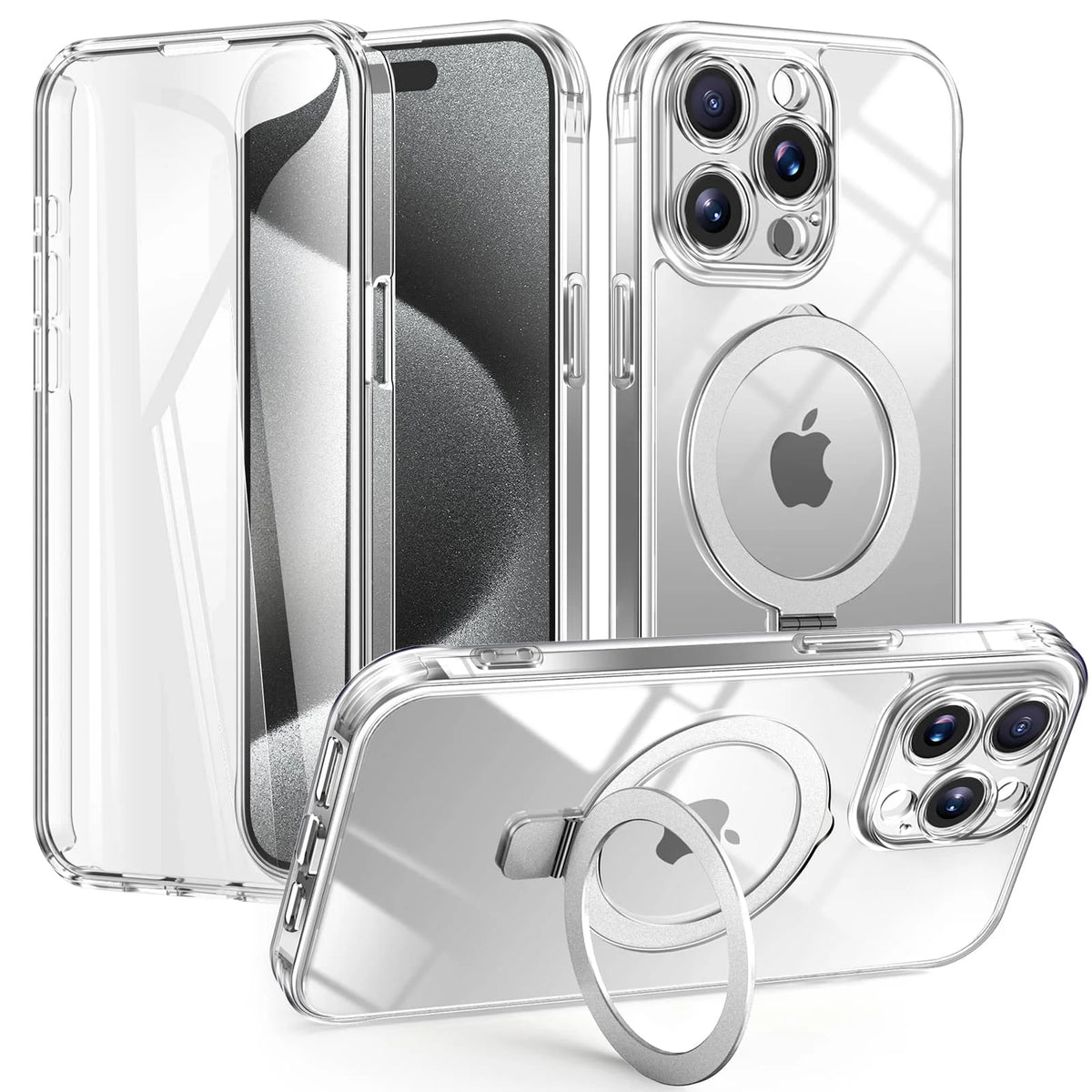 Case for iPhone 16/15/14/13 Pro Max 16 15 14 Plus, Built-in PET Screen Protector with Ring Holder Kickstand, Full Body Cover
