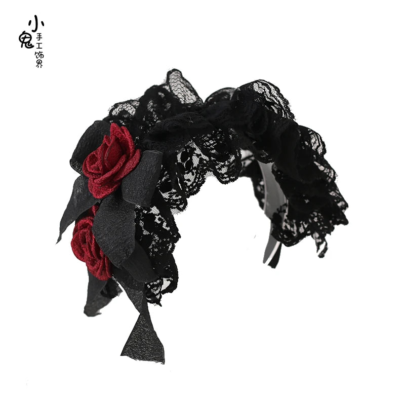 Original Black and Red Lace Lolita Headgear Doll Feeling Bow Headband KC Goth Lo Girl Halloween Hair Accessories