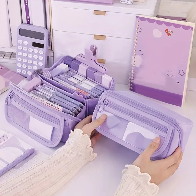 Large Capacity Pencil Case Organizer - Multi-Compartment Desktop Storage for School & Office Supplies ( Pink/Purple/Black)