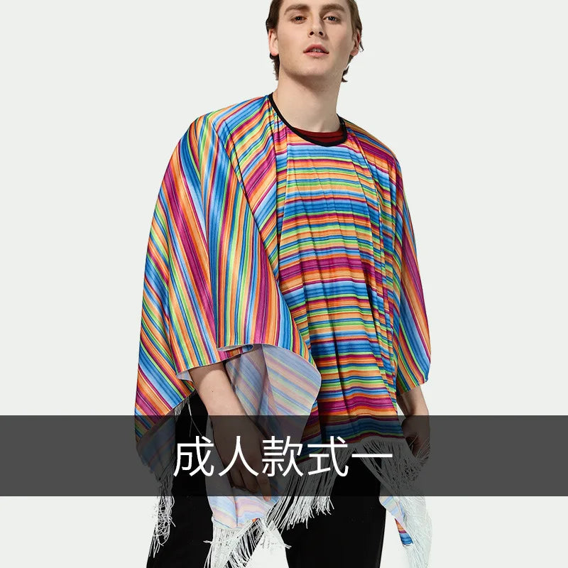 Ethnic Cloak Mexican Poncho Men Women Costume Cosplay Festival Party Adult Mexican Colorful Striped Folk Cape Christmas GiftEthn