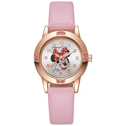 Disney Mickey Mouse Cute Fashion Cartoon Children's Watch Leather Strap Suitable for Boys and Girls Quartz Watch Festival Gift