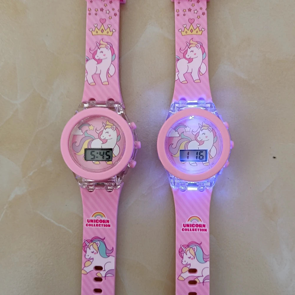 Girls Kids Children Cartoon Unicorn Collection Digital Electronic Flash Glow Up Light Colourful Birthday Party Gifts Watches