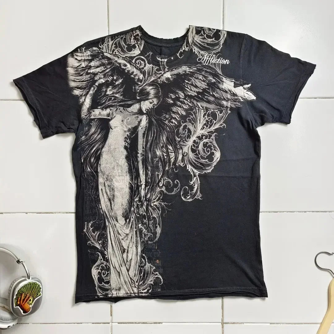 90s affliction Hip Hop Skull Graphic t shirts Men Streetwear Goth Tops Men Clothes Casual Gothic Oversized Long Sleeve T shirt
