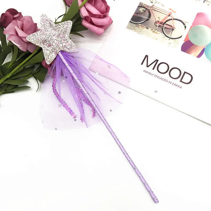 Children Five Point Stars Wand with Tassels Ribbon Halloween Princess Magic Accessory with Glitter Star Great for Themed Parties