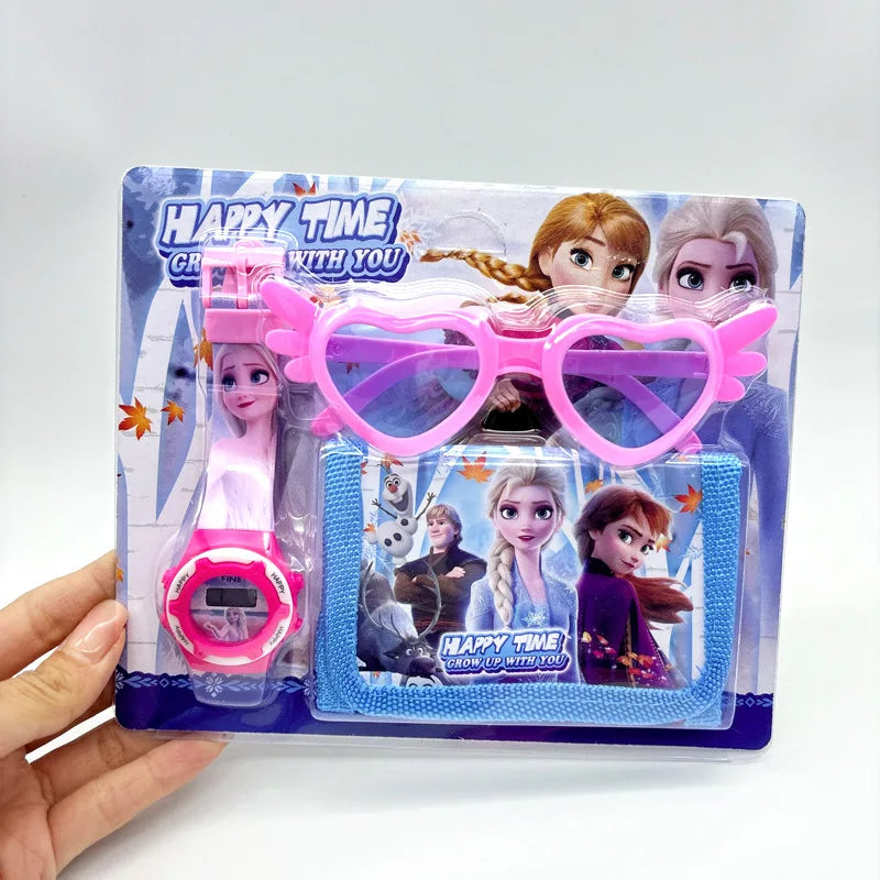 Fashion 3ps Unicorn Hello Kitty Girls Watch Kids with Wallet Glasses Cartoon Spiderman Watch Children Clock Toys set