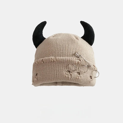 New Unisex Knitted Beanie With Devil Horns Halloween Distressed Skull Cap Hip Hop Winter Warm Yarn Hat For Men Women