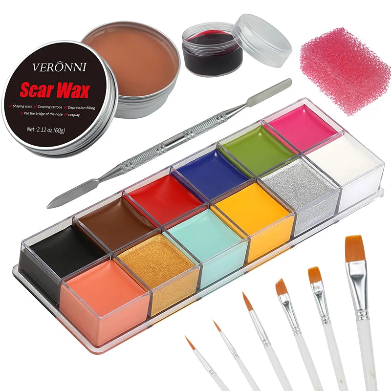 12/20 Colors Face Body Painting Fake Blood ,Halloween Professional Special Effects Makeup Kit with Wound Modeling Scar Wax