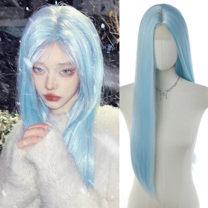 Elegant Long Blue Synthetic Wig 6.5*9.5 Lace Straight Heat Fiber Hair for Women for Cosplay Daily Halloween Christmas Parties