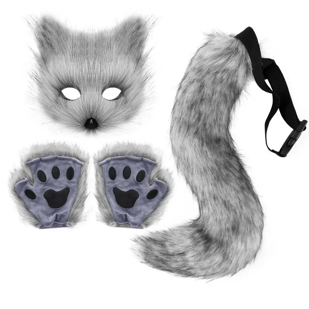 Cat Cosplay Costume Foxes Mask+Tail +Gloves Set  Halloween Costume Accessorie Wolf Therian Theme Party Dress Up Prop Accessories