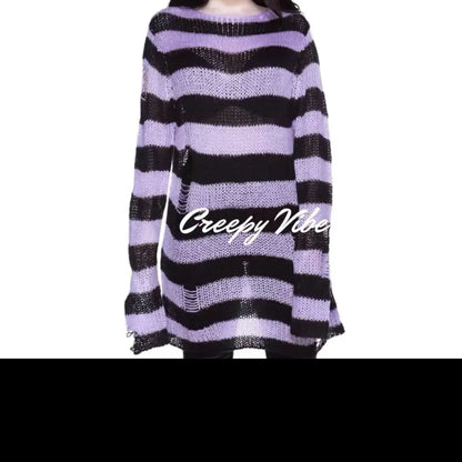 New Streetwear Top Punk Gothic Long Unisex Sweater Summer Women Striped Cool Hollow Out Hole Broken Jumper Loose Rock Thin Dark