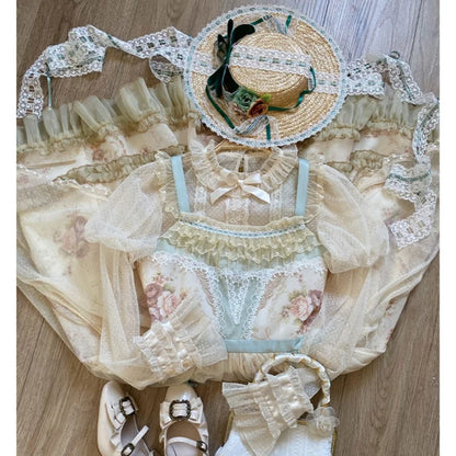Japanese Victorian Retro Lolita Blouses Women Sweet Bow Roffles Lace Mesh Long Sleeved Shirts Girls Kawaii Loose Jsk Inside Tops