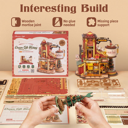 ROKR Dream Gift Factory Wooden 3D Puzzle DIY Mini Dollhouse Model Building Kit with Music & LED Lights 449 Pieces Assembly Toys for Adults Teens