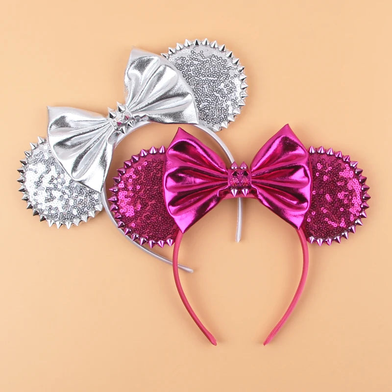 1pc Mickey Mouse Ear Hair Hoop Pu Leather Sequins Butterfly Knot Personalized Rivet Holiday Party Wear Halloween Headband