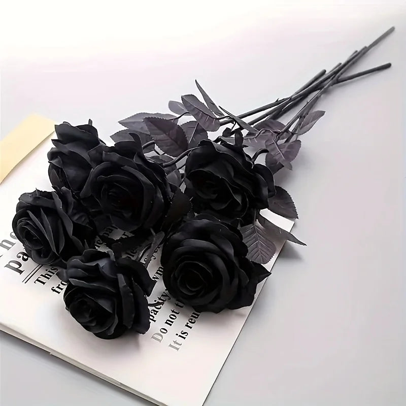 10pcs Artificial Black Roses Fake Flowers, Long Stem, with No Container, for Halloween, Home Decor, Wedding Party, Tabletop